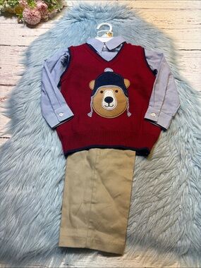 NWT TFW Red Bear Appliqué Knit Vest Shirt Pants 3 Piece Set